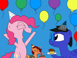 Size: 2000x1500 | Tagged: safe, artist:blazewing, derpibooru import, pinkie pie, oc, oc:blazewing, oc:tough cookie, earth pony, pegasus, unicorn, atg 2023, balloon, belly, bipedal, blue background, cookie, cupcake, drawpile, eating, eyes closed, female, food, glasses, hat, hooves in air, male, mare, newbie artist training grounds, open mouth, party, party hat, plate, simple background, smiling, stallion