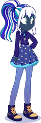 Size: 1054x3137 | Tagged: safe, artist:fluffywhirlpool, derpibooru import, oc, oc only, oc:flaming dune, human, equestria girls 10th anniversary, equestria girls, clothes, dress, eyeshadow, female, full body, green eyes, hand on hip, humanized, humanized oc, jacket, looking away, makeup, multicolored hair, pantyhose, ponytail, shoes, simple background, solo, transparent background