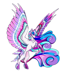 Size: 1920x2150 | Tagged: safe, artist:oneiria-fylakas, derpibooru import, princess flurry heart, pony, claws, colored wings, curved horn, eyes closed, feathered fetlocks, horn, multicolored wings, older, simple background, solo, transparent background, wings