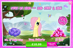 Size: 1963x1301 | Tagged: safe, derpibooru import, fluttershy, pegasus, pony, advertisement, costs real money, english, female, filly, foal, folded wings, gameloft, gem, magic coins, mare, mobile game, my little pony: magic princess, numbers, official, sale, solo, text, wings