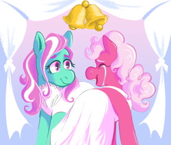 Size: 1280x1085 | Tagged: safe, artist:msponies, derpibooru import, minty, pinkie pie, pinkie pie (g3), earth pony, pony, g3, clothes, crying, dress, duo, female, lesbian, marriage, mintypie, shipping, tears of joy, wedding dress