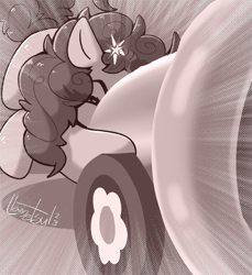 Size: 1005x1098 | Tagged: safe, artist:llametsul, derpibooru import, pinkie pie, earth pony, pony, atg 2023, monochrome, newbie artist training grounds, party cannon, solo