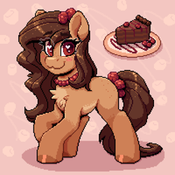 Size: 800x800 | Tagged: safe, artist:dandy, derpibooru import, oc, oc only, oc:ruby, earth pony, pony, artfight, blushing, cake, chest fluff, chocolate cake, earth pony oc, eyebrows, eyebrows visible through hair, female, food, freckles, heart, heart eyes, jewelry, looking at you, mare, necklace, pixel art, raspberry, smiling, smiling at you, solo, tongue, tongue out, wingding eyes