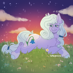 Size: 1000x1000 | Tagged: safe, artist:kazmuun, derpibooru import, oc, oc only, oc:bluebell, earth pony, pony, female, lying down, mare, prone, solo