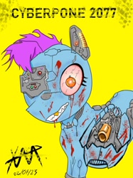 Size: 662x883 | Tagged: safe, artist:anonixar, derpibooru import, oc, oc only, oc:cold wire, cyborg, earth pony, pony, blood, bloodshot eyes, colored, crying, cyberpunk, full color, grenade launcher, gun, nosebleed, simple background, solo, tears of blood, weapon