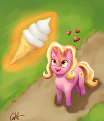 Size: 1280x1491 | Tagged: safe, artist:calebpedigo, derpibooru import, luster dawn, pony, unicorn, atg 2023, female, floating heart, glowing, glowing horn, heart, high angle, horn, ice cream cone, levitation, looking up, magic, mare, newbie artist training grounds, open mouth, open smile, smiling, solo, telekinesis