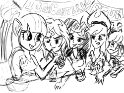 Size: 720x540 | Tagged: safe, artist:ciaran, derpibooru import, applejack, cheerilee, rarity, sunset shimmer, twilight sparkle, equestria girls 10th anniversary, alcohol, angry, banner, beer, beer bottle, bottle, flower, happy, laughing, simple background, sketch, smiling, white background