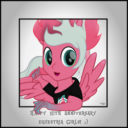 Size: 6923x6923 | Tagged: safe, artist:lincolnbrewsterfan, derpibooru exclusive, derpibooru import, oc, oc:comconex, alicorn, human, pony, equestria girls 10th anniversary, equestria girls, .svg available, :d, alicorn oc, breaking the fourth wall, clothes, cute, cute face, cute smile, equestria girls-ified, folded wings, gradient background, gradient hands, green eyes, hand, horn, humanized, humanized oc, location, location pony, looking at you, looking up, male, nc-tv signature, nexabetes, ocbetes, open mouth, open smile, passepartout, ponied up, ponified, pony ears, ruffled wing, shirt, simple background, smiling, smiling at you, species swap, spread wings, svg, t-shirt, tail, thumbs up, two toned mane, two toned tail, vector, winged humanization, wings