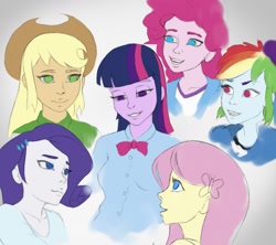 Size: 1347x1194 | Tagged: safe, artist:escapist, derpibooru import, applejack, fluttershy, pinkie pie, rainbow dash, rarity, twilight sparkle, human, equestria girls 10th anniversary, equestria girls, colored sketch, humane five, humane six, looking at each other, looking at someone, no pupils, sketch, smiling, smiling at each other