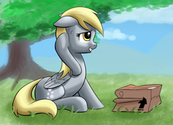 Size: 3000x2160 | Tagged: safe, artist:stellardust, derpibooru import, derpy hooves, pegasus, pony, box, female, grin, i just don't know what went wrong, mare, nervous, nervous grin, nervous sweat, outdoors, sitting, smiling, solo