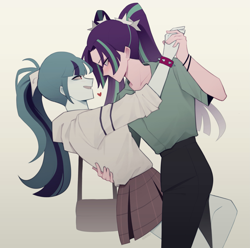 Size: 1965x1947 | Tagged: safe, artist:honekiez, derpibooru import, aria blaze, sonata dusk, human, arisona, armband, blushing, clothes, female, heart, lesbian, looking at each other, looking at someone, pants, ponytail, purse, shipping, skirt