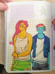 Size: 3000x4000 | Tagged: safe, artist:demiandemand, derpibooru import, fluttershy, rainbow dash, human, equestria girls, blushing, duo, female, flutterdash, graph paper, holding arms, lesbian, shipping, smiling, traditional art