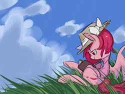 Size: 2048x1536 | Tagged: safe, artist:metaruscarlet, derpibooru import, oc, oc only, oc:metaru scarlet, pegasus, pony, book, clothes, cloud, female, grass, hat, pegasus oc, reading, ribbon, sky, solo, straw hat