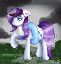 Size: 2385x2500 | Tagged: safe, artist:galaxy swirl, derpibooru import, rarity, pony, unicorn, female, frown, inner tube, makeup, mare, pool toy, rain, raised hoof, raised leg, rarity is not amused, running makeup, solo, sunglasses, unamused, unshorn fetlocks, wet, wet mane, wet mane rarity