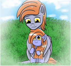 Size: 900x831 | Tagged: safe, artist:undisputed, derpibooru import, oc, oc only, pegasus, fanfic, fanfic art, father and child, father and daughter, female, filly, foal, grass, male, parent and child, sitting, sky, smiling, stallion