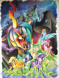 Size: 586x773 | Tagged: safe, artist:andypriceart, derpibooru import, idw, applejack, fluttershy, pinkie pie, queen chrysalis, rainbow dash, rarity, twilight sparkle, goo, the return of queen chrysalis, castle, cover, cover art, female, lightning, mane six, mare, messy hair, messy mane, stuck, stuck together