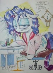 Size: 974x1347 | Tagged: safe, artist:andypriceart, derpibooru import, rarity, unicorn, cup, early, exhausted, female, messy hair, messy mane, purple hair, purple mane, solo, spilled drink, tired, traditional art