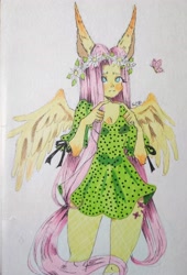 Size: 3010x4436 | Tagged: safe, artist:sheetofplywood8, derpibooru import, fluttershy, butterfly, human, big ears, blushing, clothes, cutie mark on human, dress, eared humanization, ears, female, fingers together, floral head wreath, flower, humanized, long ears, looking up, pony coloring, solo, traditional art, winged humanization, wings