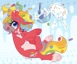 Size: 2301x1900 | Tagged: safe, artist:bishopony, derpibooru import, oc, oc only, unicorn, abstract background, blaze (coat marking), bowl, cereal, coat markings, facial markings, female, food, freckles, froot loops, high res, looking at you, mare, milk, multicolored hair, one eye closed, pale belly, rainbow hair, smiling, smiling at you, solo, spoon, tongue, tongue out