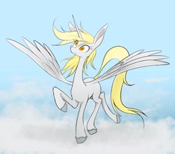 Size: 2048x1800 | Tagged: safe, artist:noupu, derpibooru import, derpy hooves, alicorn, pony, alicornified, derpicorn, female, flying, long legs, long neck, mare, race swap, solo, spread wings, wings