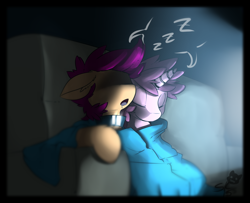 Size: 1280x1038 | Tagged: safe, derpibooru import, ruby pinch, scootaloo, pegasus, unicorn, abstract background, bed, collar, drool, duo, female, holiday, indoors, lesbian, lesboloo, onomatopoeia, pillow, scootapinch, shipping, sleeping, sound effects, valentine's day, zzz