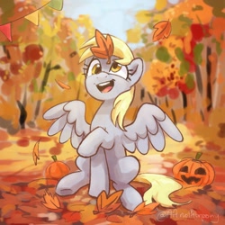Size: 1418x1418 | Tagged: safe, artist:aanotherpony, derpibooru import, derpy hooves, pegasus, pony, autumn, commission, female, forest, halloween, holiday, jack-o-lantern, leaves, mare, open mouth, open smile, pumpkin, scenery, sitting, smiling, spread wings, wings