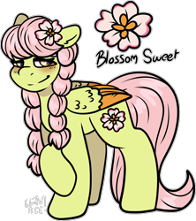 Size: 1650x1855 | Tagged: safe, artist:sexygoatgod, derpibooru import, oc, oc only, oc:blossom sweet, pegasus, adoptable, female, magical lesbian spawn, offspring, parent:fluttershy, parent:granny smith, parents:grannyshy, simple background, solo, transparent background