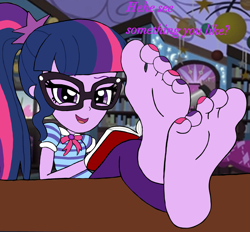 Size: 2757x2564 | Tagged: safe, artist:zeekthatgeek, derpibooru import, sci-twi, twilight sparkle, human, equestria girls, bedroom, book, clothes, feet, feet on table, feet up, female, fetish, foot fetish, foot focus, glasses, looking at you, nail polish, soles, solo, toenail polish, toes