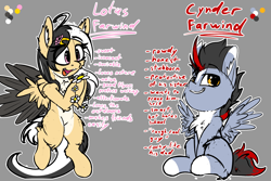 Size: 3000x2000 | Tagged: source needed, safe, artist:aryn, derpibooru import, oc, oc only, oc:cynder farwind, oc:lotus farwind, chest fluff, gray background, reference sheet, simple background