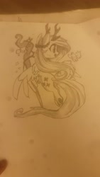 Size: 1080x1920 | Tagged: safe, artist:meekcheep, artist:shythedeadlymouse, derpibooru import, fluttershy, bird, pegasus, pony, antlers, butt, druid, flutterbutt, flying, frog (hoof), monochrome, pencil drawing, plot, redraw, solo, staff, traditional art, underhoof