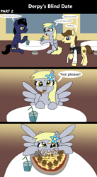 Size: 1920x3516 | Tagged: safe, artist:platinumdrop, derpibooru import, derpy hooves, oc, earth pony, pegasus, pony, unicorn, comic:derpy's blind date, 3 panel comic, blind date, burger, chair, cheese, clothes, comic, commission, crumbs, date, diner, drink, eating, excited, female, flower, flower in hair, food, happy, hay burger, looking at you, male, mare, messy eating, muffin, munching, open mouth, pizza, restaurant, sauce, sitting, smiling, speech, speech bubble, spread wings, stallion, straw, table, talking, tongue, tongue out, uniform, waiter, wings