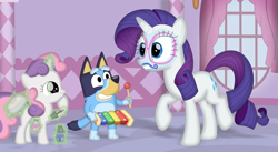 Size: 3549x1944 | Tagged: safe, artist:porygon2z, derpibooru import, rarity, sweetie belle, dog, pony, unicorn, australian cattle dog, belle sisters, bluey, bluey heeler, crossover, facial hair, female, filly, foal, glasses, makeover, mare, moustache, musical instrument, siblings, sisters, trio, trio female, xylophone