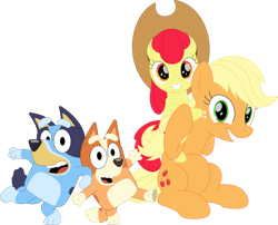 Size: 826x668 | Tagged: safe, artist:porygon2z, derpibooru import, apple bloom, applejack, dog, earth pony, pony, g4, apple sisters, australian cattle dog, bingo heeler, bluey, bluey heeler, cowboy hat, crossover, female, filly, foal, grin, hat, looking at you, mare, siblings, simple background, sisters, smiling, smiling at you, transparent background