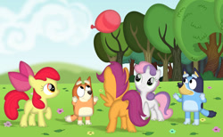 Size: 827x508 | Tagged: safe, artist:porygon2z, derpibooru import, apple bloom, scootaloo, sweetie belle, dog, earth pony, pegasus, pony, g4, apple bloom's bow, australian cattle dog, balloon, bingo heeler, bluey, bluey heeler, bow, butt, cloud, crossover, cutie mark crusaders, female, filly, flower, foal, hair bow, playing, plot, scootabutt, tree