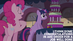 Size: 2000x1125 | Tagged: safe, derpibooru import, edit, edited screencap, editor:quoterific, screencap, pinkie pie, twilight sparkle, unicorn twilight, unicorn, mmmystery on the friendship express, cake, food, friendship express, locomotive, marzipan mascarpone meringue madness, steam locomotive, train