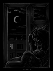 Size: 1357x1804 | Tagged: safe, artist:dipfanken, derpibooru import, oc, oc only, earth pony, pony, crescent moon, monochrome, moon, solo, window