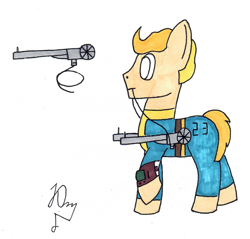 Size: 1582x1513 | Tagged: safe, artist:yusik jerovich, derpibooru import, oc, earth pony, pony, fallout equestria, fallout, fallout: new vegas, gun, photo, vault boy, weapon