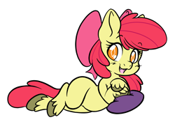 Size: 2388x1668 | Tagged: safe, artist:steelsoul, derpibooru import, apple bloom, earth pony, pony, fangs, female, filly, foal, lying down, open mouth, pillow, simple background, solo, unshorn fetlocks, white background, wingding eyes