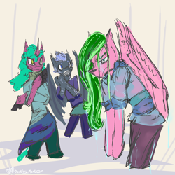 Size: 1500x1500 | Tagged: safe, artist:destiny_manticor, derpibooru import, oc, oc only, oc:flumine carcad, oc:rosa caerula, oc:warten samitelas, bat pony, pegasus, semi-anthro, unicorn, abstract background, amputee, arm hooves, clothes, digital art, female, fluffy hair, looking at someone, male, prosthesis, prosthetic limb, prosthetics, sketch, sketch dump, trio, wet