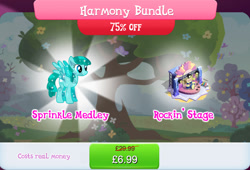 Size: 1267x860 | Tagged: safe, derpibooru import, spring melody, sprinkle medley, pegasus, pony, bundle, costs real money, drum kit, drums, english, female, gameloft, guitar, mare, mobile game, musical instrument, my little pony: magic princess, numbers, official, sale, solo, solo focus, spread wings, stage, text, wings