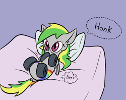 Size: 1361x1080 | Tagged: safe, artist:happy harvey, derpibooru import, oc, oc only, oc:wheely bopper, original species, pegasus, bed, bed hair, cute, ear fluff, ears, ears back, female, looking up, lying down, mare, meme, on back, pegasus oc, phone drawing, rainbow, what are we gonna do on the bed?, wheel, wheelpone