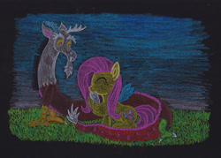 Size: 1024x732 | Tagged: safe, artist:malte279, derpibooru import, angel bunny, discord, fluttershy, black background, colored pencil drawing, simple background, traditional art