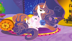 Size: 1024x579 | Tagged: safe, artist:velveagicsentryyt, derpibooru import, princess celestia, princess luna, oc, oc:queen galaxia, pony, cewestia, female, filly, foal, lying down, prone, woona, younger