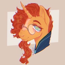 Size: 1898x1898 | Tagged: safe, artist:thistleblades, derpibooru import, sunburst, pony, unicorn, blaze (coat marking), bust, chromatic aberration, clothes, coat markings, facial hair, facial markings, glasses, goatee, male, portrait, simple background, solo, stallion, tan background, wingding eyes