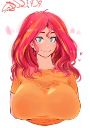 Size: 1400x2000 | Tagged: safe, artist:sozglitch, derpibooru import, sunset shimmer, human, big breasts, breasts, female, floating heart, heart, huge breasts, humanized, looking at you, simple background, smiling, smiling at you, solo, sunset jiggler, white background