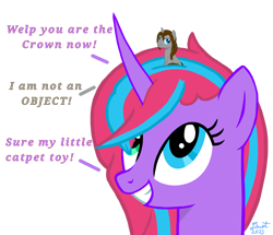 Size: 3572x3072 | Tagged: safe, artist:dust, derpibooru import, oc, oc:backgroundpony#f352, oc:dust, pony, unicorn, curved horn, dialogue, female, grin, heterochromia, horn, implied catpet, implied crown, male, mare, micro, out of context, ponytail, pouting, queen of the new page, shenanigans, simple background, sitting, sitting on head, smiling, stallion, tiny, tiny ponies, tiny pony being used as a crown, transparent background, unicorn oc