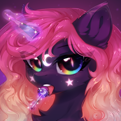 Size: 2000x2000 | Tagged: safe, artist:anku, derpibooru import, oc, pony, unicorn, bust, candy, chest fluff, food, licking, lollipop, magic, open mouth, rainbow eyes, solo, tongue, tongue out