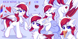 Size: 4000x2000 | Tagged: safe, artist:fluffywhirlpool, derpibooru import, oc, oc only, oc:red wine, pegasus, pony, butt, chest fluff, colored wings, digital art, ear fluff, ears, floppy ears, food, pegasus oc, raised tail, reference sheet, tail, two toned hair, two toned mane, two toned tail, wings