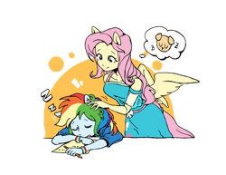 Size: 2804x2169 | Tagged: safe, artist:yanming98294, derpibooru import, fluttershy, rainbow dash, anthro, human, pegasus, equestria girls, clothes, duo, female, flutterdash, head pat, lesbian, pat, shipping, simple background, sleeping, smiling, white background, wings
