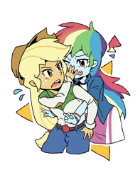 Size: 2176x2756 | Tagged: safe, artist:yanming98294, derpibooru import, applejack, rainbow dash, human, equestria girls, clothes, denim, duo, freckles, hat, hug, hug from behind, jacket, jeans, open mouth, pants, simple background, skirt, sweat, sweatdrop, white background